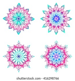 Knitted rosettes set on a black background. Round pattern. Boho chic style. Circular floral pattern, crochet mandala. Vector illustration.