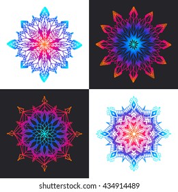 Knitted rosettes set on a black background. Round pattern. Boho chic style. Circular floral pattern, crochet mandala. Vector illustration.