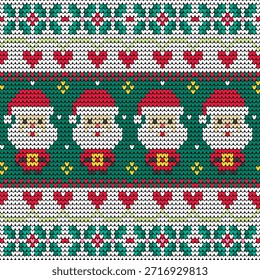 Knitted Santa Claus seamless pattern in cozy Christmas sweater style