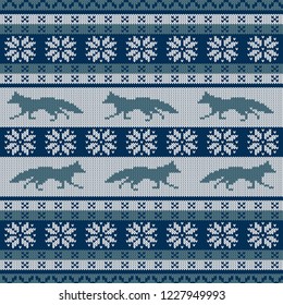 Knitted scandinavian seamless ornament with a running fox and snowflakes