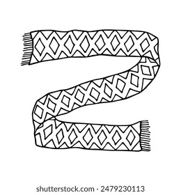 Knitted scarf doodle Hand drawn winter accessories Single design element for card, print, design, decor 