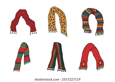 Knitted scarf doodle Hand drawn winter accessories Single design element for card, print, design, decor