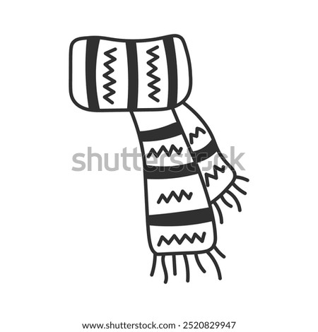 Knitted Scarf Doodle Icon. Hand drawn winter and fall warm clothes symbol. Cozy Autumn stripped garment. Isolated vector illustration. Hygge sign.