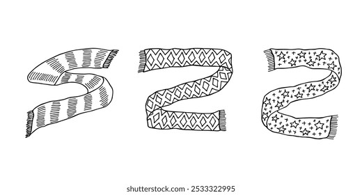 Knitted scarf doodle set Hand drawn winter accessories Single design element for card, print, design, decor