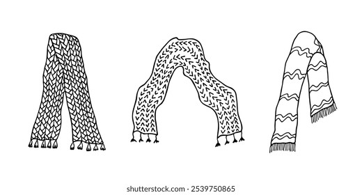 Knitted scarf doodle set Hand drawn winter accessories Single design element for card, print, design, decor