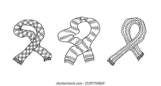 Knitted scarf doodle set Hand drawn winter accessories Single design element for card, print, design, decor