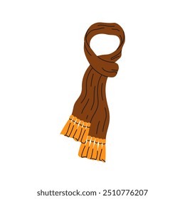 Knitted scarf isolated on white background. Winter or autumn brown scarf. Flat vector illustration. Outwear for cold weather