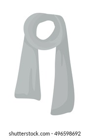Knitted scarf isolated on white background. Unisex grey warm woolen scarf with trim. Autumn and winter season accessory. Kremer, muffler or neck-wrap. Worn around neck for warmth and fashion. Vector