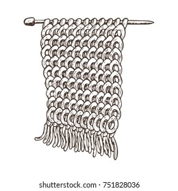 Knitted scarf and knitting needles, sketch illustration of accessories for handicrafts. Vector