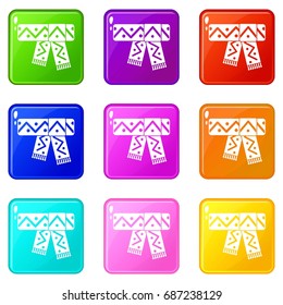 Knitted scarf with pattern icons of 9 color set isolated vector illustration