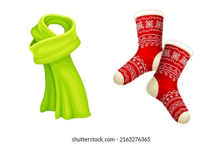 Knitted scarf and socks. Warm autumn and winter accessories cartoon vector illustration