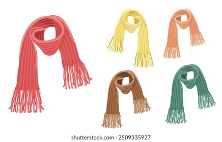 Knitted scarf vector set. Winter element, autumn element. Fashion accessories. Flat vector in cartoon style isolated on white background.