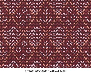 Knitted sea motif with anchors, waves, bubbles. Ethnic knitting pattern in mahogany, light red colours. Allover navy knitwear vector design for fabric, textile, phone case, man socks and accessories