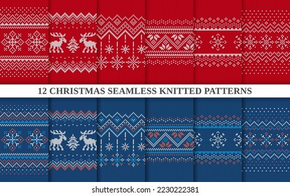 Knitted seamless 12 patterns collection. Christmas sweater textures red and blue. Holiday fair isle traditional ornament. Set Xmas winter background. Knit prints. Wool pullover. Vector illustration