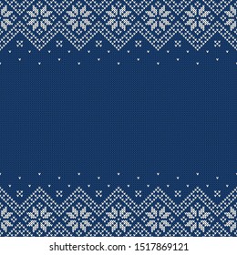 Knitted seamless background with copyspace. Blue and white sweater pattern for Christmas or winter design. Traditional scandinavian border ornament and place for text. Vector illustration.