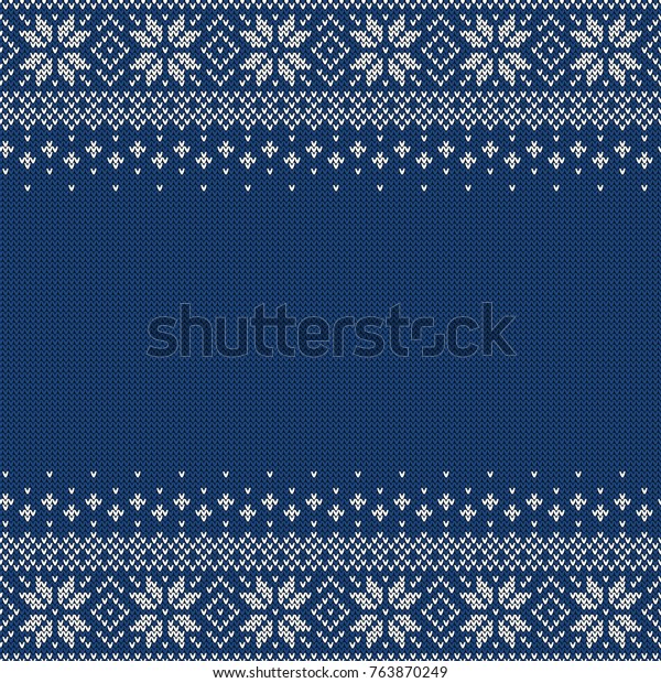 Knitted\
seamless background with copyspace. Blue and white sweater pattern\
for Christmas or winter design. Traditional scandinavian ornament\
with place for text. Vector\
illustration.