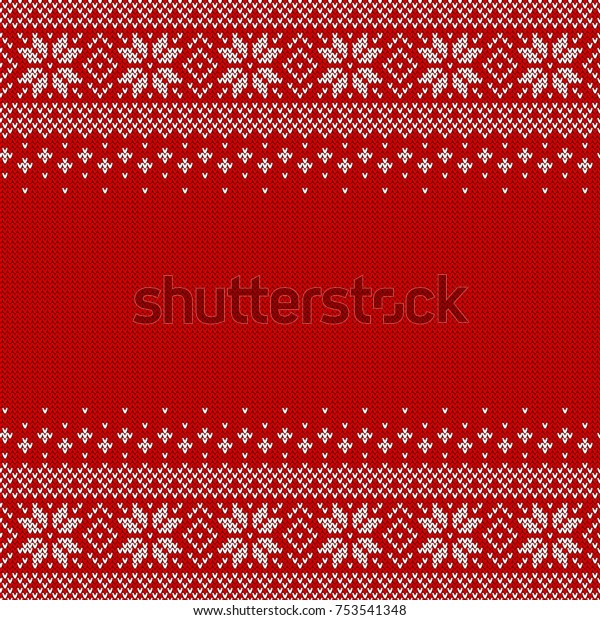 Knitted\
seamless background with copyspace. Red and white sweater pattern\
for Christmas or winter design. Traditional scandinavian ornament\
with place for text. Vector\
illustration.