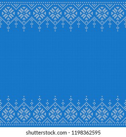 Knitted seamless background with copyspace , sweater pattern for Christmas or winter design. Traditional scandinavian ornament with place for text. Vector illustration.