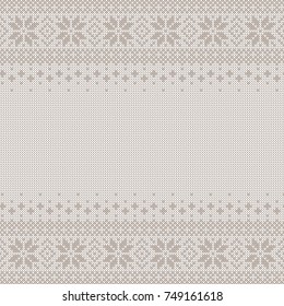 Knitted seamless background with copyspace. White and gray sweater pattern for Christmas or winter design. traditional scandinavian ornament with place for text. Vector illustration.