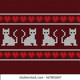 Knitted seamless border cats and hearts on Valentine's