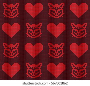 Knitted seamless border cats and hearts on Valentine's