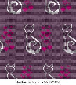 Knitted seamless border cats and hearts on Valentine's