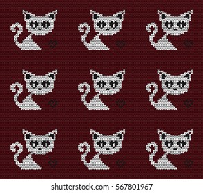 Knitted seamless border cats and hearts on Valentine's