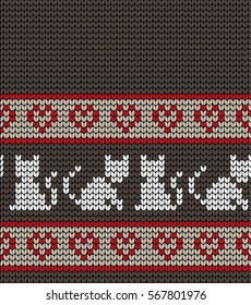 Knitted seamless border cats and hearts on Valentine's