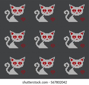 Knitted seamless border cats and hearts on Valentine's