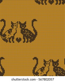 Knitted seamless border cats and hearts on Valentine's