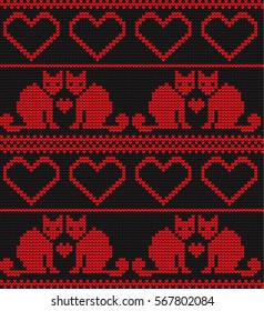 Knitted seamless border cats and hearts on Valentine's