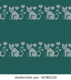 Knitted seamless border cats and hearts on Valentine's