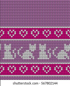 Knitted seamless border cats and hearts on Valentine's