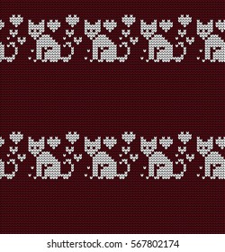 Knitted seamless border cats and hearts on Valentine's