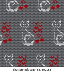 Knitted seamless border cats and hearts on Valentine's