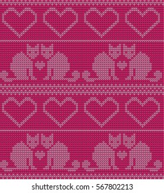 Knitted seamless border cats and hearts on Valentine's
