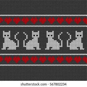 Knitted seamless border cats and hearts on Valentine's
