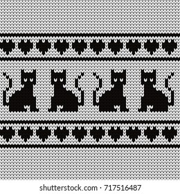 Knitted seamless border cats and hearts
