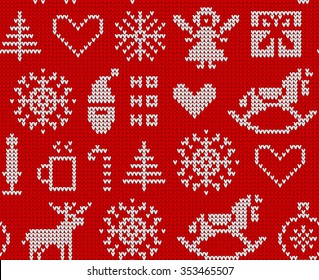 Knitted seamless christmas ornament on red background.  
