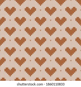 Knitted seamless cozy pattern with hearts. Nordic style sweater. Vector illustration for Valentines Day. Traditional holiday background.