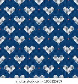 Típico patrón acogedor con corazones. Suéter de estilo nórdico. Ilustración vectorial para el Día de San Valentín. Tradicional fondo de vacaciones.