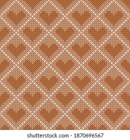 Knitted seamless cozy pattern with hearts. Nordic style sweater. Vector illustration for Valentines Day. Traditional holiday background.