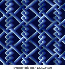 Knitted seamless decorative pattern with interlacing lines in blue hues on the dark background, vector as a fabric texture