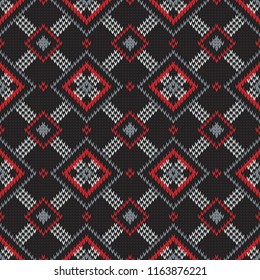 knitted seamless geometric pattern with rhombuses on a dark background