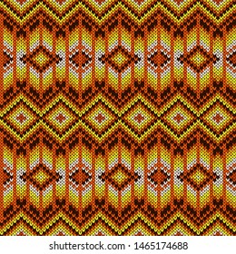 Knitted seamless geometric pattern in yellow, orange, brown and white colors, vector texture of fabric
