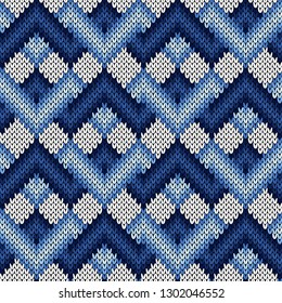 Knitted seamless ornament with interlacing lines in blue hues on the white background, vector pattern as a fabric texture