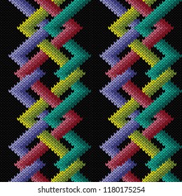 Knitted seamless ornament with interlacing multicolored lines on the black background, vector pattern as a fabric texture