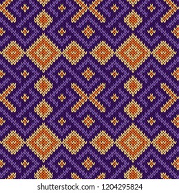 Knitted seamless ornate pattern with interlacing lines in violet hues on the beige background, vector as a fabric texture