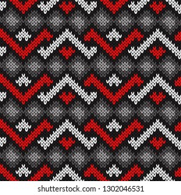 Knitted seamless ornate pattern with interlacing red and white lines on the monochrome hues background, vector as a fabric texture