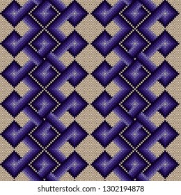 Knitted seamless ornate pattern with interlacing lines with smooth transition of purple hue on the beige background, vector as a fabric texture